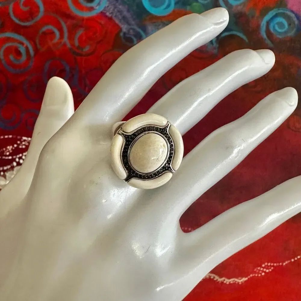 Bella Luce Sterling Silver Ivory-Tone Cabochon & Black Accent Statement Ring